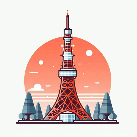 Tokyo tower in Tokyo, Japan. Vector illustration. Flat design.のイラスト素材