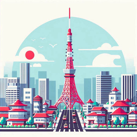 Tokyo tower in Tokyo, Japan. Vector illustration in retro style.のイラスト素材