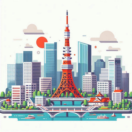 Tokyo cityscape with Tokyo tower. Vector illustration in flat styleのイラスト素材