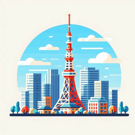 Tokyo skyline in flat style. Vector illustration with Tokyo tower.のイラスト素材