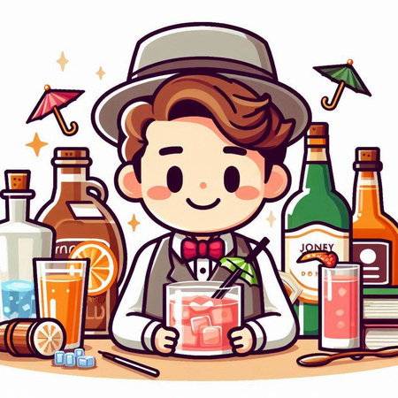 Illustration of a Cute Cartoon Barman Holding a Cocktailのイラスト素材