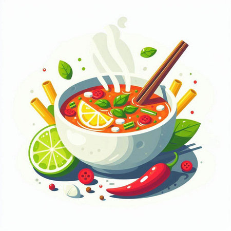 Vector illustration of a bowl of soup with ingredients on a white backgroundのイラスト素材