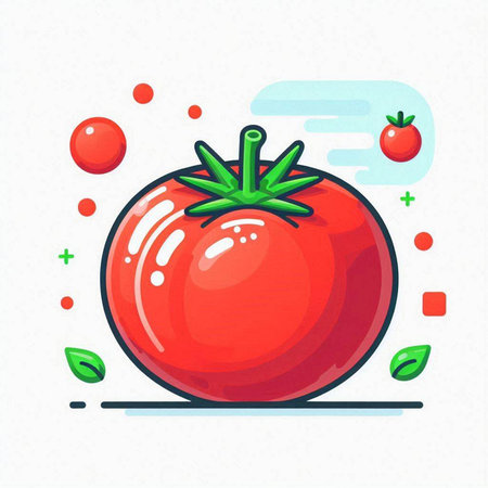 Tomato vector illustration. Red tomato with green leaves on white background.のイラスト素材