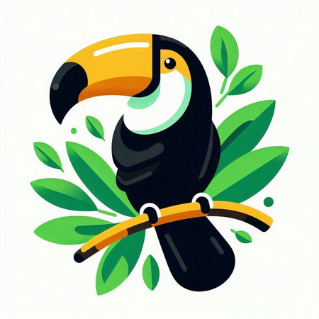 Tropical bird toucan with green leaves. Vector illustration.のイラスト素材