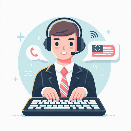 Call center operator with headset and keyboard. Vector illustration in flat style.のイラスト素材