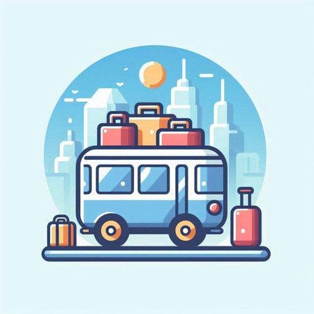 Traveling by bus. Vector illustration in trendy flat style on a blue background.のイラスト素材