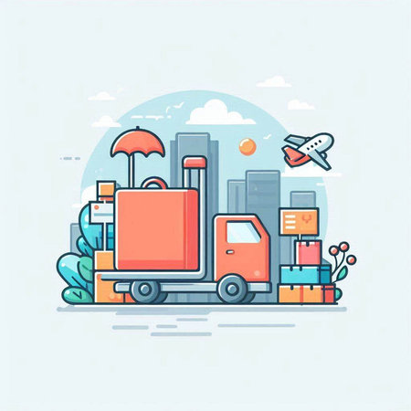 Truck with luggage on the background of the city. Vector illustrationのイラスト素材