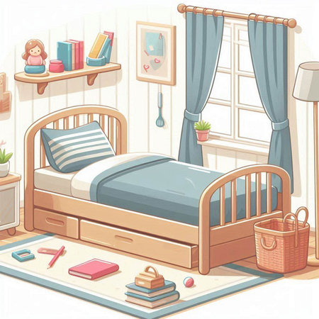 Illustration of a childs bedroom with a bed and a bookcaseのイラスト素材