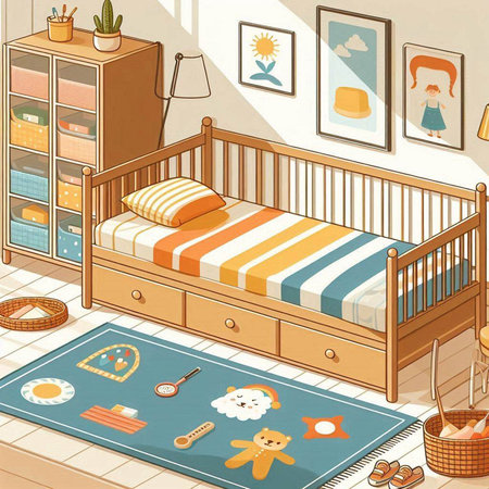 Interior of children's room with bed and toys. Vector illustrationのイラスト素材