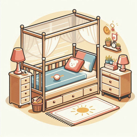 Bedroom interior with bed and bedside table. Vector illustration in cartoon styleのイラスト素材