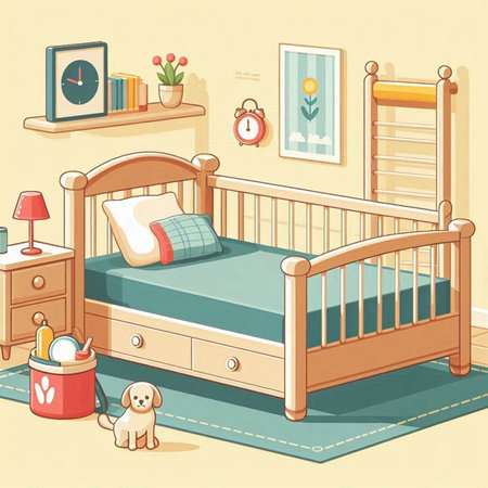 Illustration of a baby room with a bed and a set of toysのイラスト素材