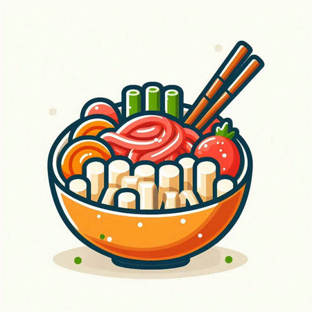 Illustration of Asian food in bowl with chopsticks. Vector illustration.のイラスト素材