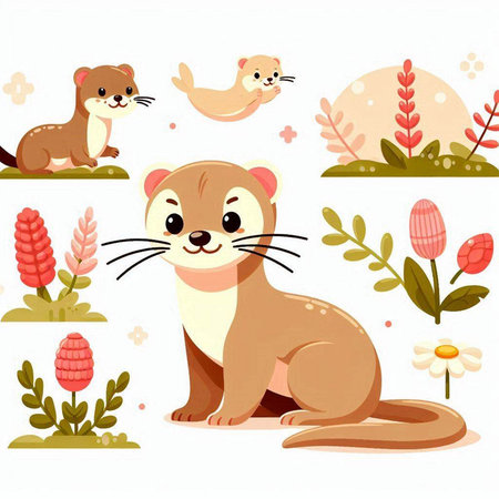Cute cartoon otter with flowers and plants. Vector illustration.のイラスト素材