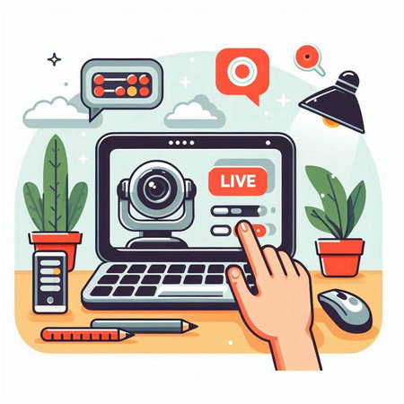 Laptop with video camera on screen. Flat style vector illustration.のイラスト素材