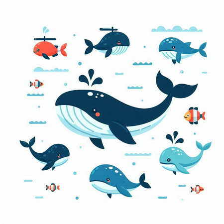 Set of cute cartoon whales and sea animals. Vector illustration in flat style.のイラスト素材