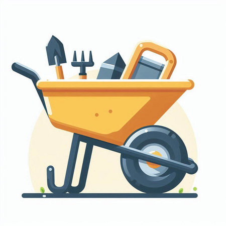 Cartoon wheelbarrow with tools. Vector illustration in flat styleのイラスト素材