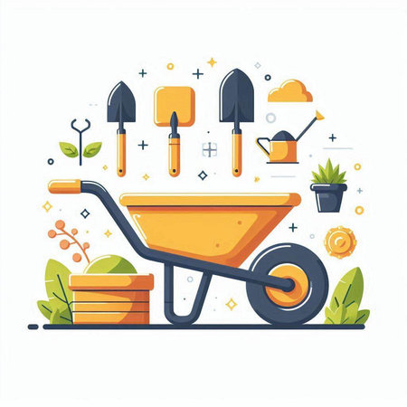 Gardening tools. Wheelbarrow, shovel, rake, watering can, wheelbarrow. Flat vector illustration.のイラスト素材