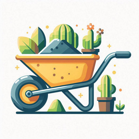 Wheelbarrow with soil and cacti. Vector illustration.のイラスト素材