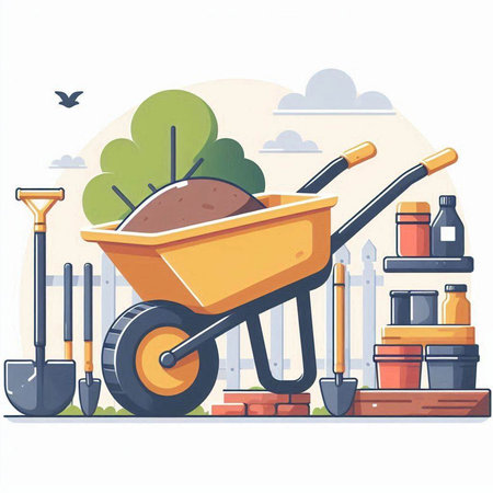 Gardening equipment. Wheelbarrow, shovel, watering can, rake, soil. Vector illustration in flat styleのイラスト素材
