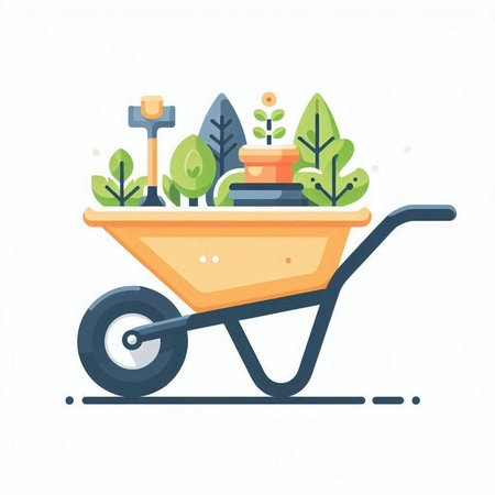 Wheelbarrow with green plants and gardening tools. Flat vector illustration.のイラスト素材