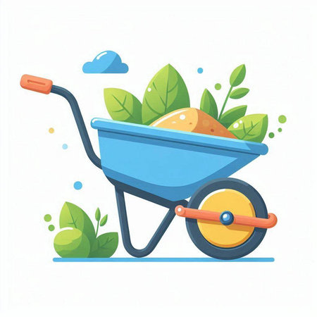 Wheelbarrow with soil and leaves. Vector illustration in cartoon style.のイラスト素材