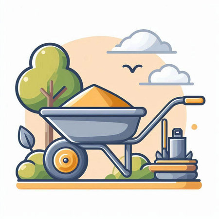 Wheelbarrow with soil and garden tools. Flat vector illustration.のイラスト素材