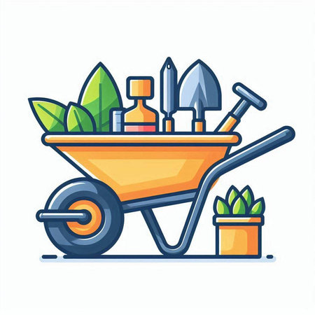 Gardening tools icon. Wheelbarrow, trowel, shovel, watering can, rake, rake, wheelbarrow. Vector illustrationのイラスト素材