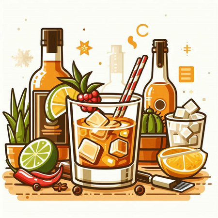 Cocktail with ice, rum, rum, lime, rosemary, chili pepper and other ingredients. Vector illustration.のイラスト素材