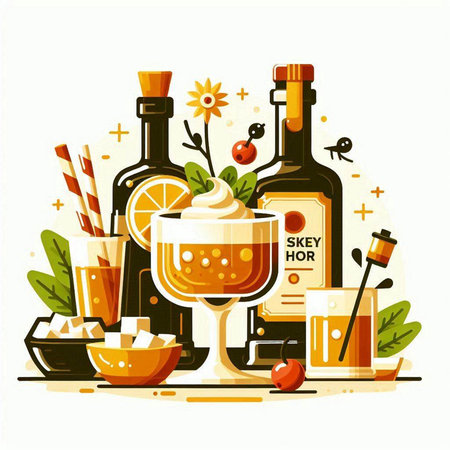 Alcoholic drinks and cocktails with ice cream, rum, liqueur, lemonade, mulled wineini, cappuccino, gin, tequila, gin, vermouth, rum. Vector illustration.のイラスト素材