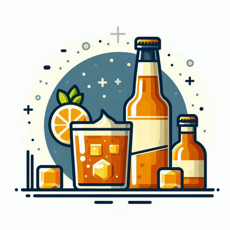Bottle and glass of beer with ice cubes, lemon and lime. Vector illustration.のイラスト素材