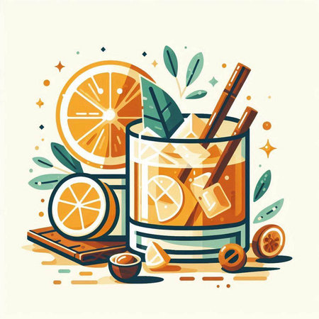 Cocktail with orange, lemon and cinnamon. Vector illustration in flat styleのイラスト素材