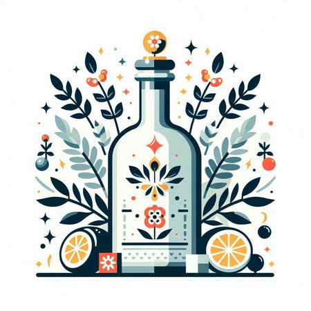Vector illustration of a bottle of tequila, lemon and olive branches.のイラスト素材