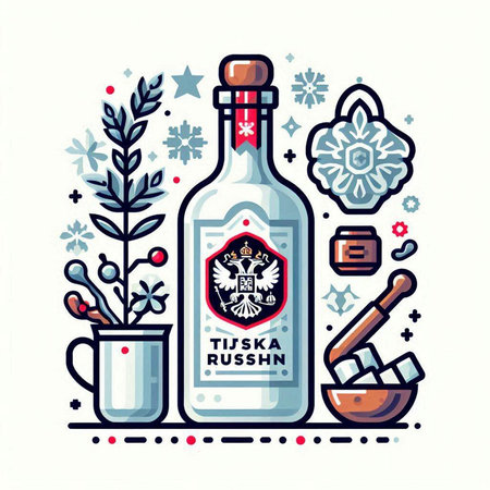 Russian vodka bottle with lettering. Vector illustration in flat style.のイラスト素材