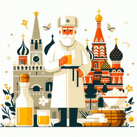 Vector illustration of a Russian man with a glass of beer on the background of Moscow Kremlin.のイラスト素材
