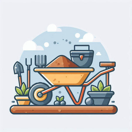 Wheelbarrow with soil and tools. Vector illustration in flat styleのイラスト素材
