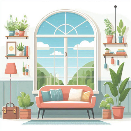 Living room interior with window, sofa and plants. Vector illustration.のイラスト素材