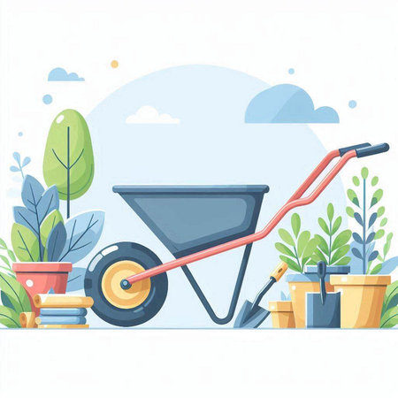 Garden tools. Wheelbarrow, rake, wheelbarrow, watering can, wheelbarrow. Flat style vector illustration.のイラスト素材