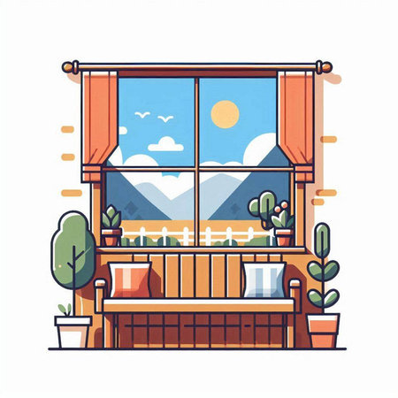 Window with view on mountains and clouds. Vector illustration in flat style.のイラスト素材