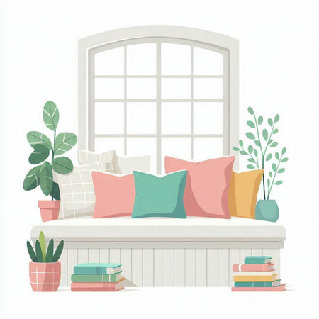 Vector illustration of a cozy living room with a window and a set of pillowsのイラスト素材