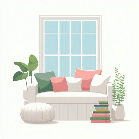 Living room interior with sofa, pillows and plants. Vector illustration.のイラスト素材