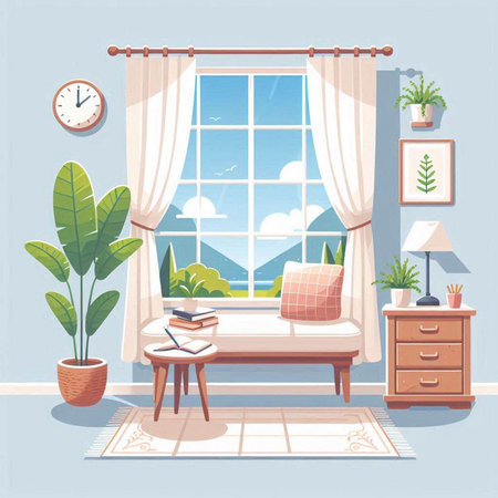 Living room interior with window, sofa, books and plant. Vector illustration.のイラスト素材