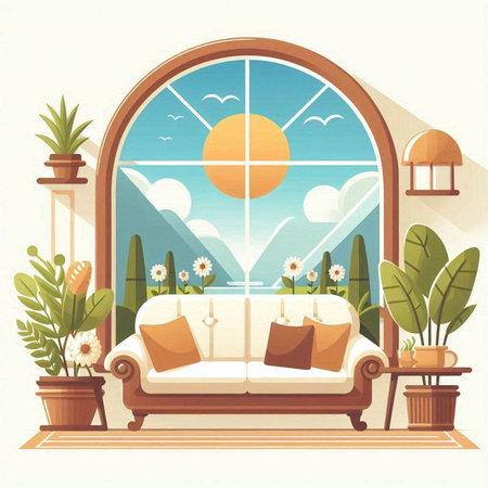 Vector illustration of a living room with a view from the window.のイラスト素材