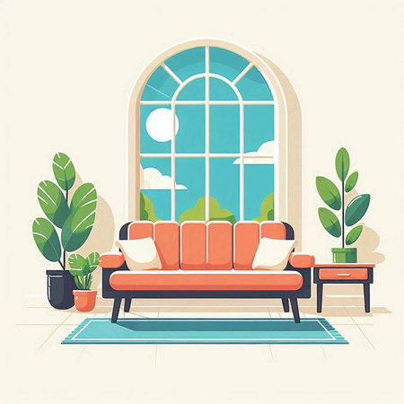 Living room with window, sofa and plants. Flat style vector illustration.のイラスト素材