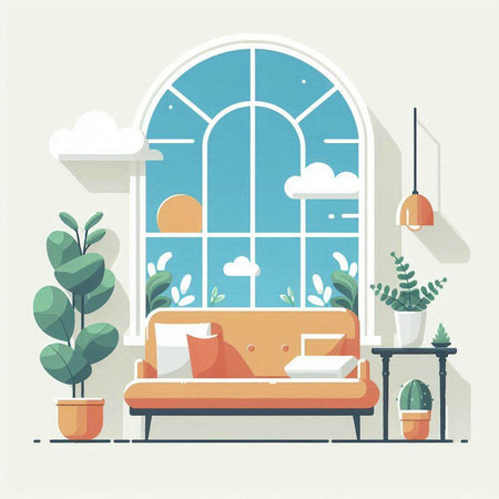 Flat design interior of living room with windows, sofa and plants. Vector illustrationのイラスト素材