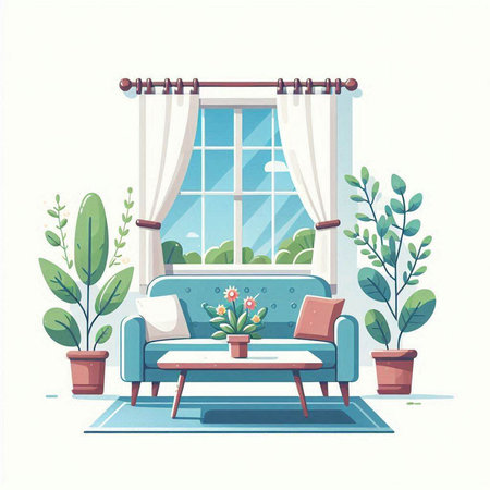 Living room interior with window, sofa and plants. Vector illustration.のイラスト素材