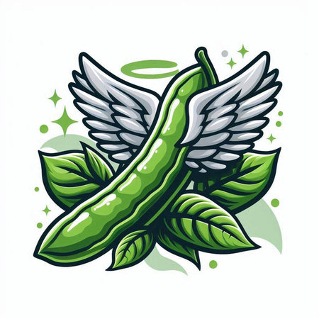 Illustration of green beans with wings and leaves on white background.のイラスト素材