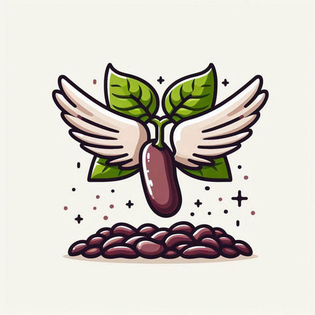 Coffee bean with wings and leaves. Vector illustration in cartoon style.のイラスト素材