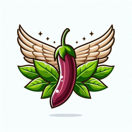 Illustration of hot chili pepper with wings and leaves on white backgroundのイラスト素材