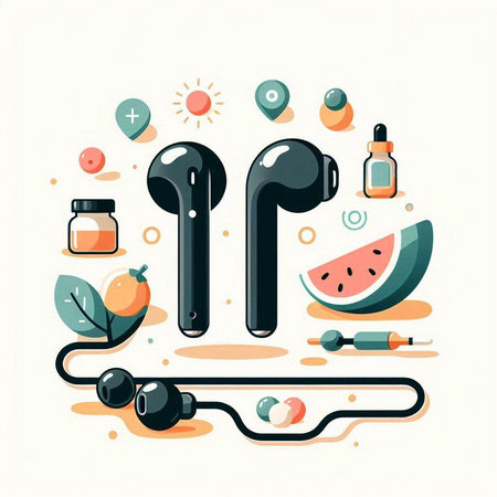 Vector illustration of a set of different accessories for listening to music.のイラスト素材