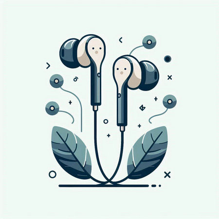 Vector illustration of headphones and leaves. Modern flat line art style.のイラスト素材